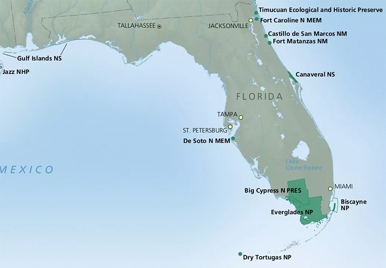 國家公園管理局在佛羅里達(dá)州的公園地圖