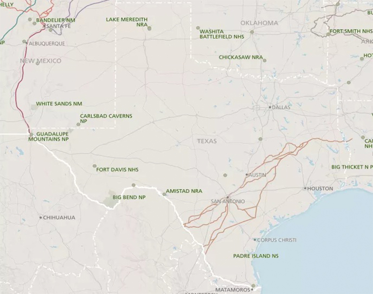 國家公園，古跡，歷史遺跡，自然保護區(qū)和德克薩斯州名勝古跡的地圖