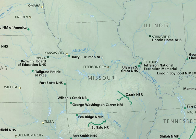 由國家公園Serice管理的密蘇里州國家公園地圖